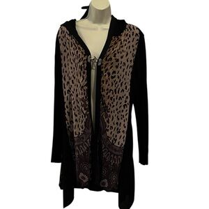 Just Living size XL black knit  & leopard print 3/4 length sweater with hood